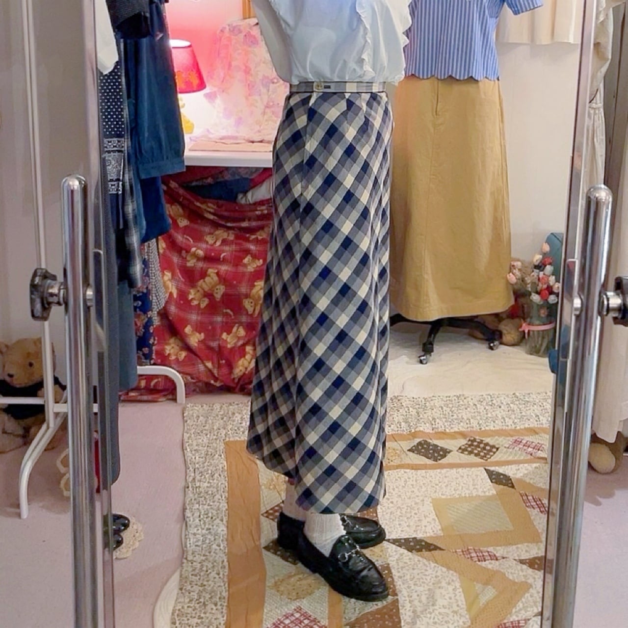 blue ivory check long skirt