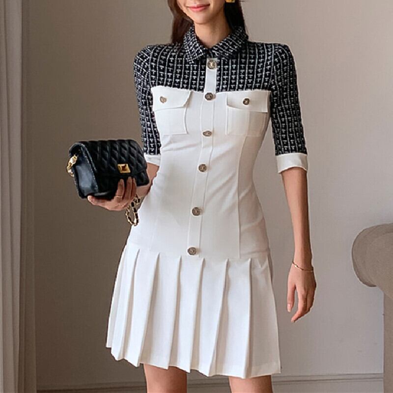 ワンピース シャツワンピース 膝上 気質アップ 流行り 切り替え 半袖 ホワイト S M L Ll Dresszone