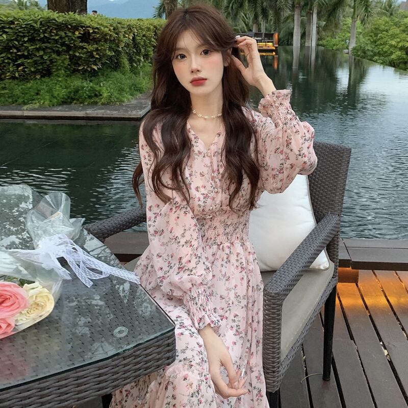 フローラルロングドレス スプリングオータムウェストスカート 春物 秋物 花柄 試着室47809408736