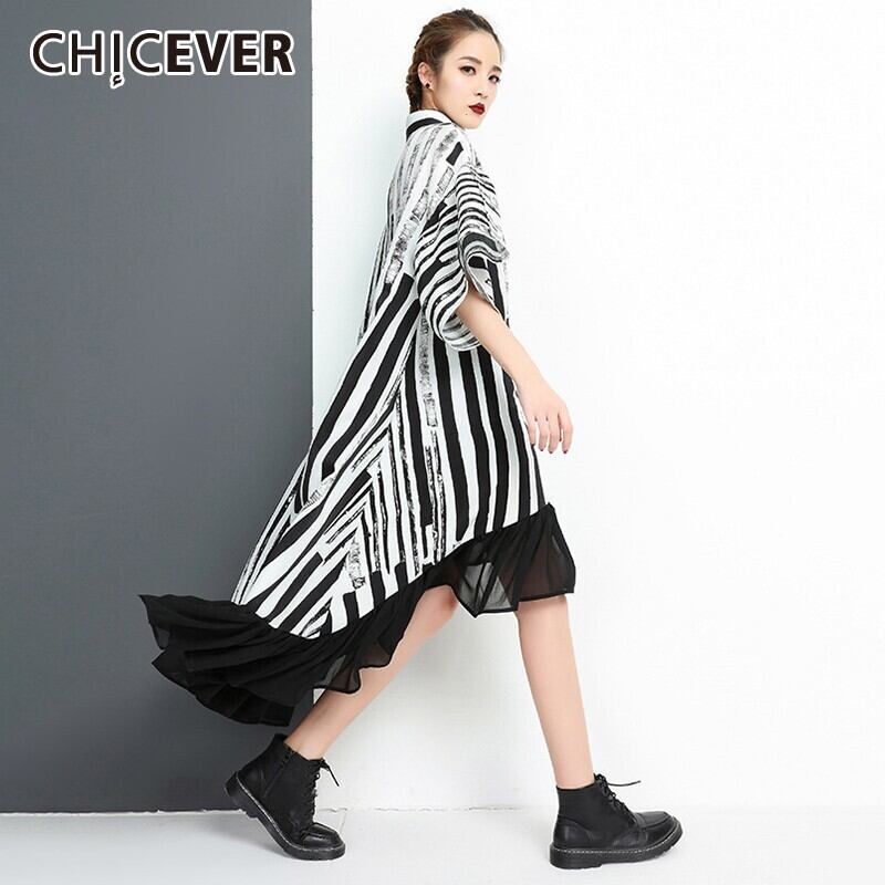 CHICEVERサマーストライプラペルドレスレディースハーフスリーブボタンルーズプラスサイズメッシュ非対称ドレス2020 半袖 大きめサイズ 夏物 6base531327283071