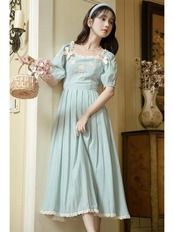 【0022】Rose Embroidery Ribbon Retro Short Sleeve Dress