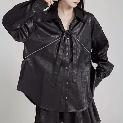 Fake leather oversized big silhouette shirt C0970