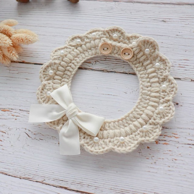 ニットパールリボンチョーカー 猫 首輪 付け襟