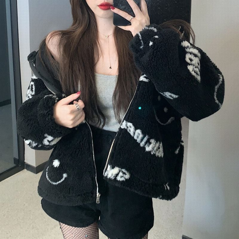 ファージャケット ファーブルゾン スマイリー ニコちゃんマーク