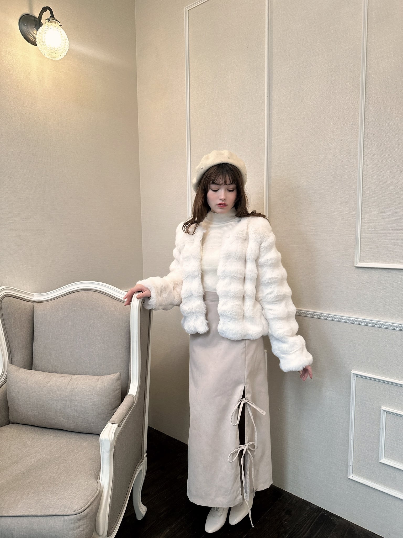 【LAST2】side slit ribbon skirt-BEIGE