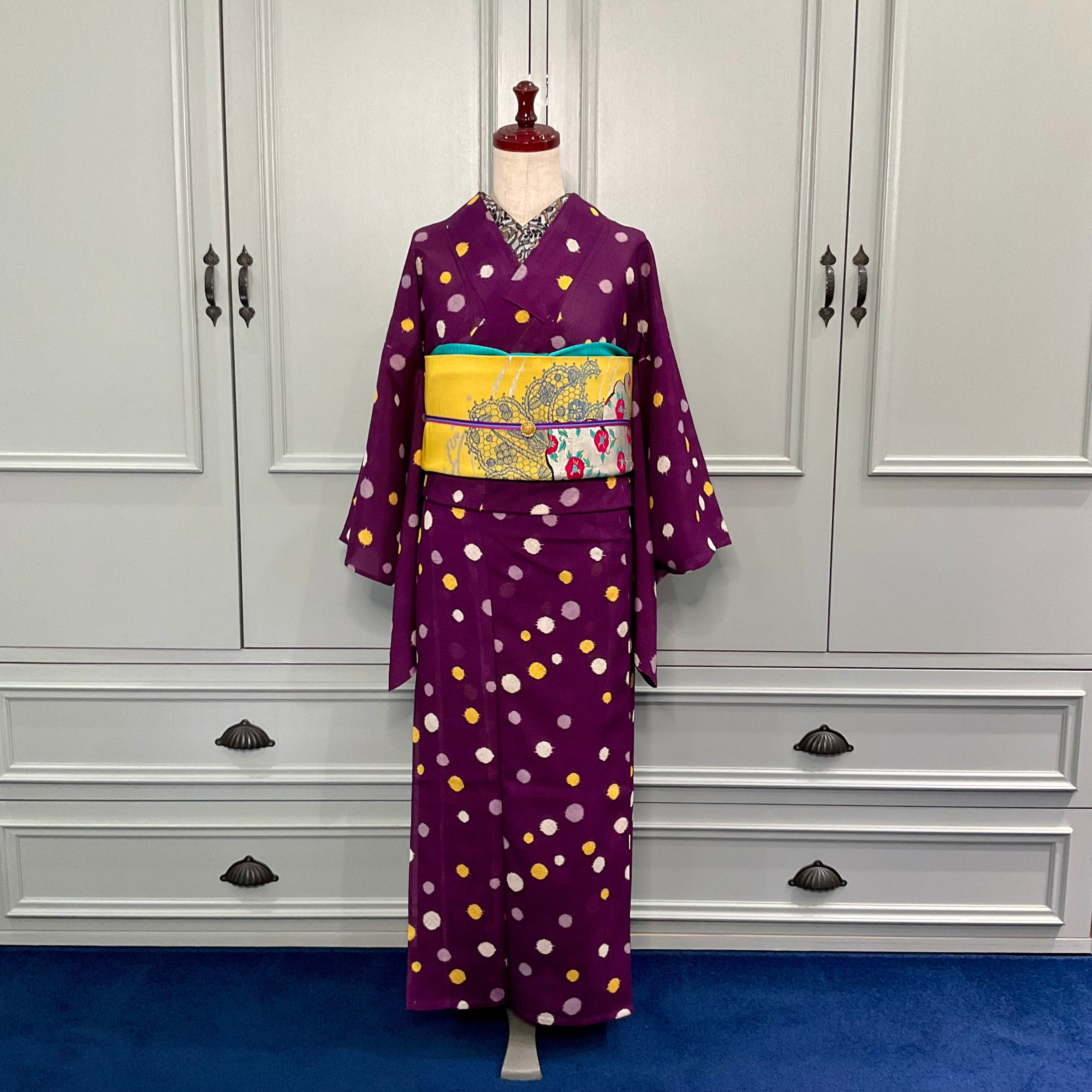 【超美品‼️】夏着物 絽 乱菊 紫 上品 涼やか 夏物 着物 宵の空に金平糖＊夏着物 絽 水玉 ドット 丸 パープル 紫 二藍