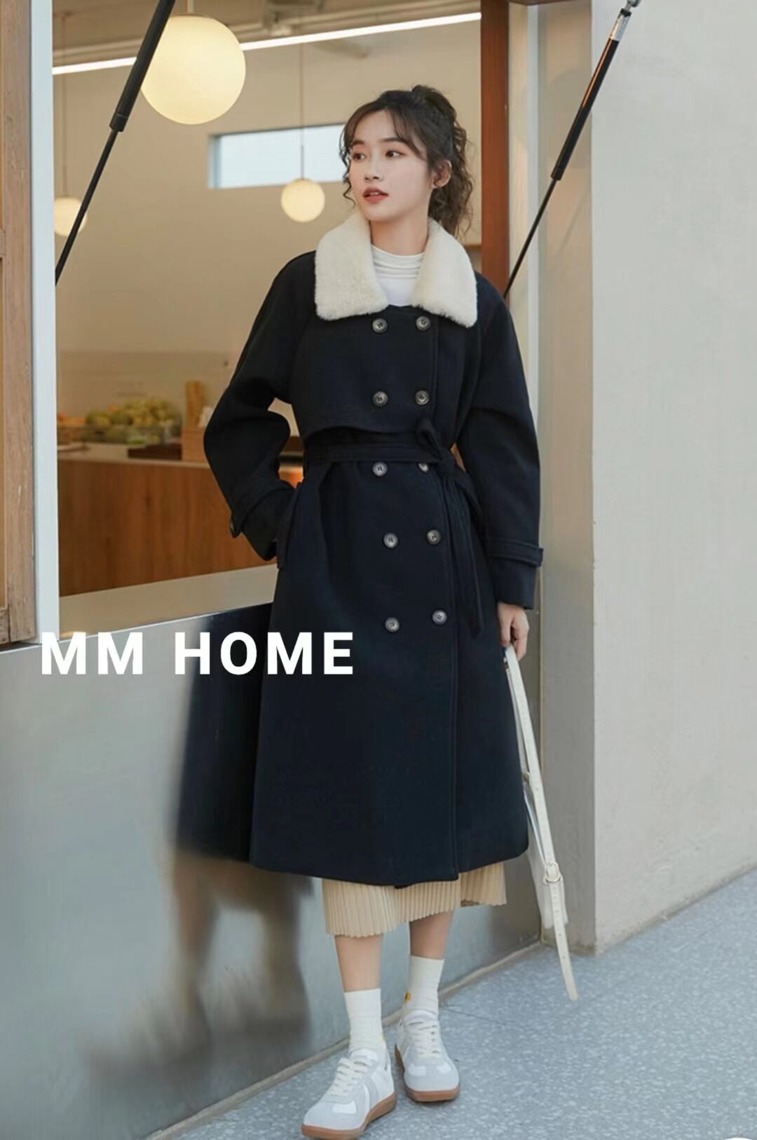 ウールブレンド ファー付き ロングコート AJ42441-6665