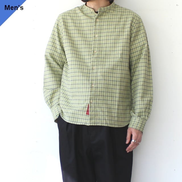 【ラスト1点】PREQUEL ネルチェックバンドカラーシャツ Check Stand-up Collar Shirt (Green)