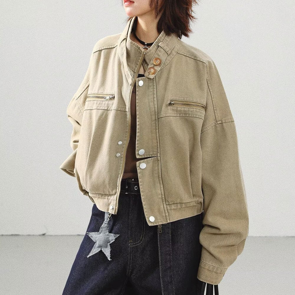 【送料無料】 ショート ジャケット レディース 春秋冬 アウター アメカジ レトロ 大人 カジュアル きれいめ ゆったり 羽織り スタンドカラー 丈夫 厚手 大人可愛い 大人女子