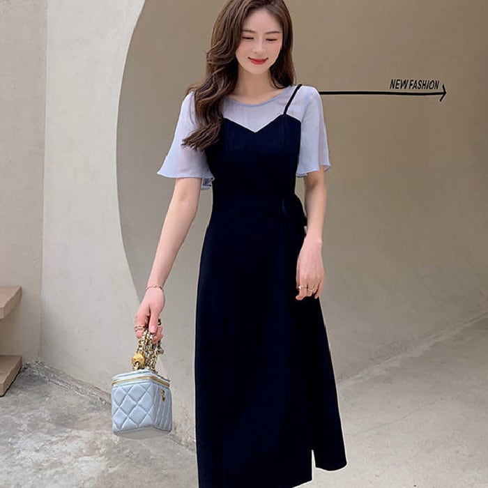 【新作】【送料無料】 2022新しい夏のスリット付きフェイクツーピースサスペンダースカート、ウエストを細くする女神の必須の気質と年齢を減らすドレス 0252663424516