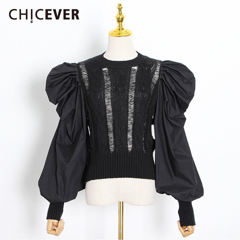 CHICEVER秋のセーター女性Oネックパフ長袖ルーズニットシャーリングショートプルオーバー2020秋の服の潮 ロング オータム 秋物 6base569971163413