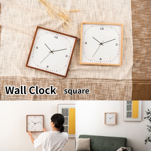 壁掛け時計 ウォールクロック スクエア型 北欧 静音 かけ時計 寝室 リビング オフィス シンプル レトロ パイン材