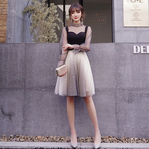 ドレス ワンピース ミディアム丈 レース 長袖 ハイネック ラメ バルーンスリーブ スパンコール 星 グラデーション シフォン パーティ 結婚式 二次会 春夏 レディース　BADB0060