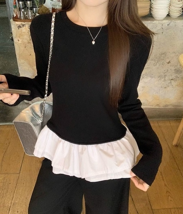 レディース トップス Tシャツ シャツ カットソー フリルTシャツ 長袖 ラウンドネック フリル 切り替えデザイン 大人 おしゃれ 大人可愛い 大人女子 キュート 無地 春 秋 冬 デート お出かけ 休日 旅行 韓国系 スタイル 送料無料 S M L XL ブラック