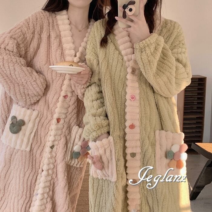 寝間着 ルームウェア ガウン カラフル ボタン リラクシー 2色 ♪(MB538)