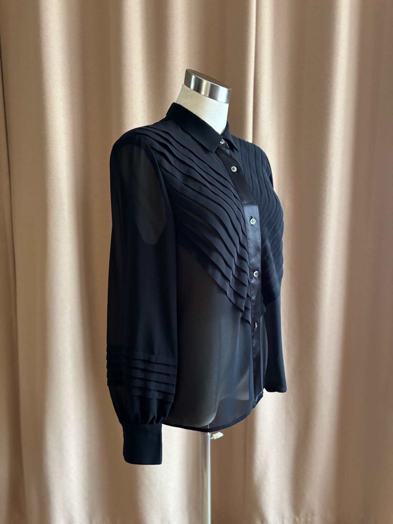 tuck pleats design black sheer shirt-4883-9