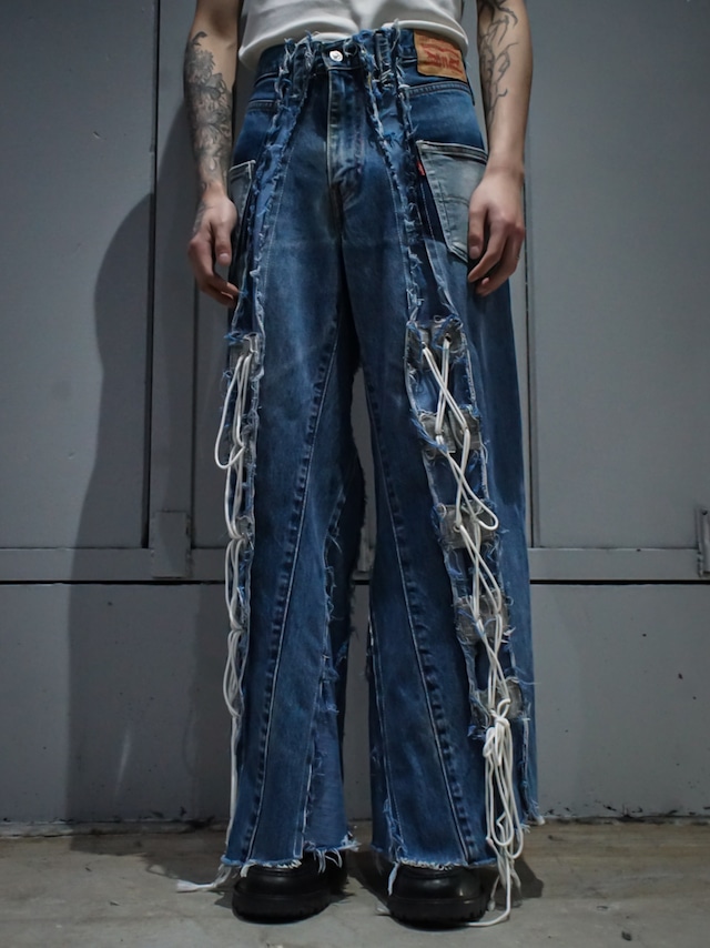 【add (C) vintage】"Original Remake"  Levi's Multiple Panels Pattern Lace Up Gimmick Rave Baggy Denim Pants