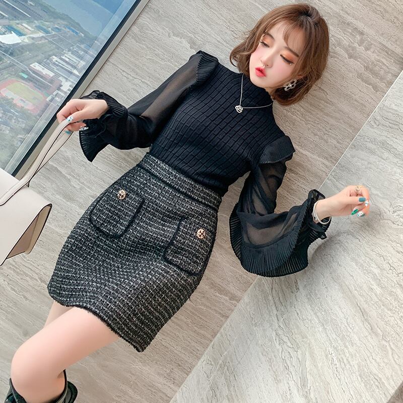 プリーツラッフルセーター ツィードAラインスカート オータムウィンター 秋物 冬物 ステッチ MIUCO41656114395