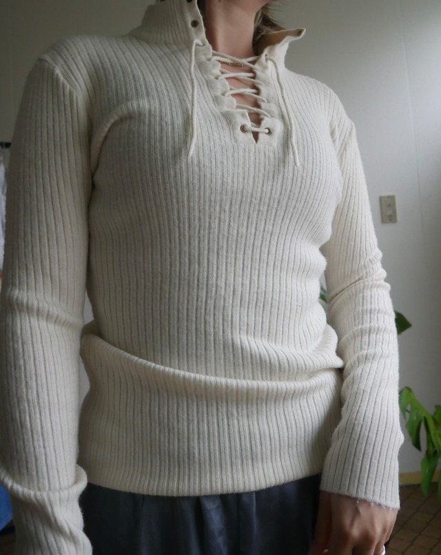 70s-80s Lace-Up High Neck Rib Knit