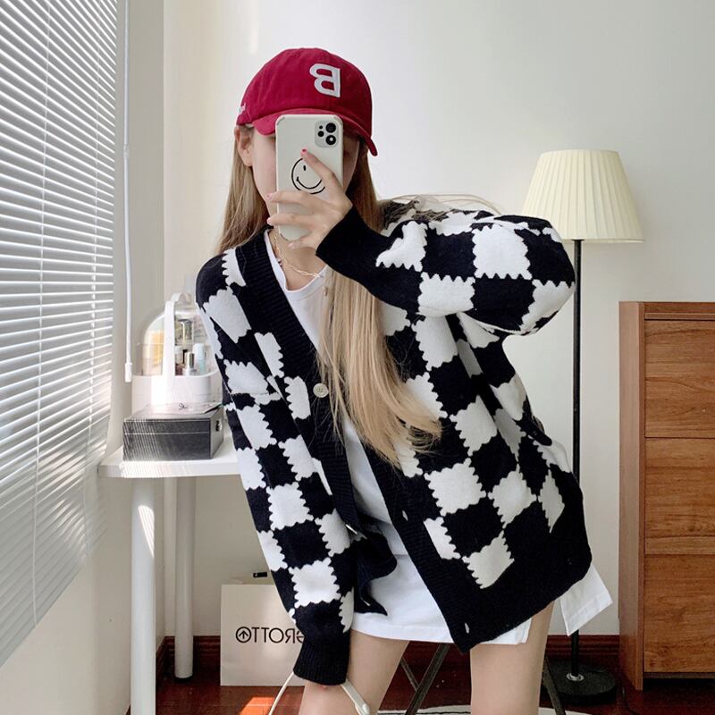 格子柄Vネック長袖スリーブニット スプリングオータムルーズカーディガンジャケット セーター ロング 春物 秋物 スーパーモール7930575970