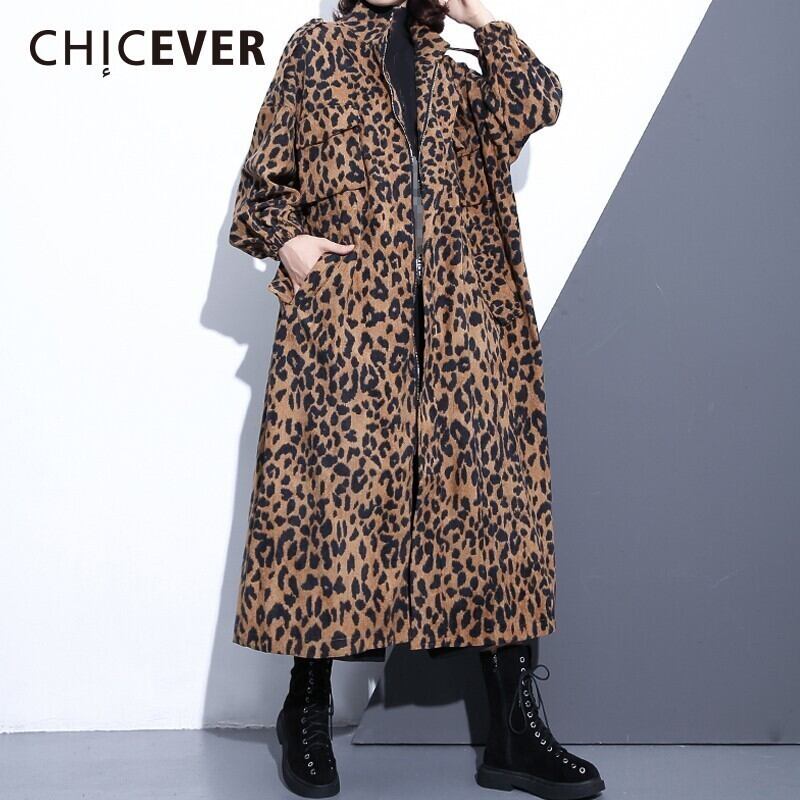 CHICEVERヒョウレディースウインドブレーカースタンドカラー長袖ジッパールーズオーバーサイズロングトレンチコート 6base57468276671
