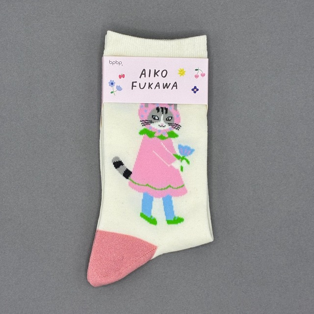 【Aiko Fukawa】布川愛子 SOCKS お花を運ぶ猫  アイボリー ソックス