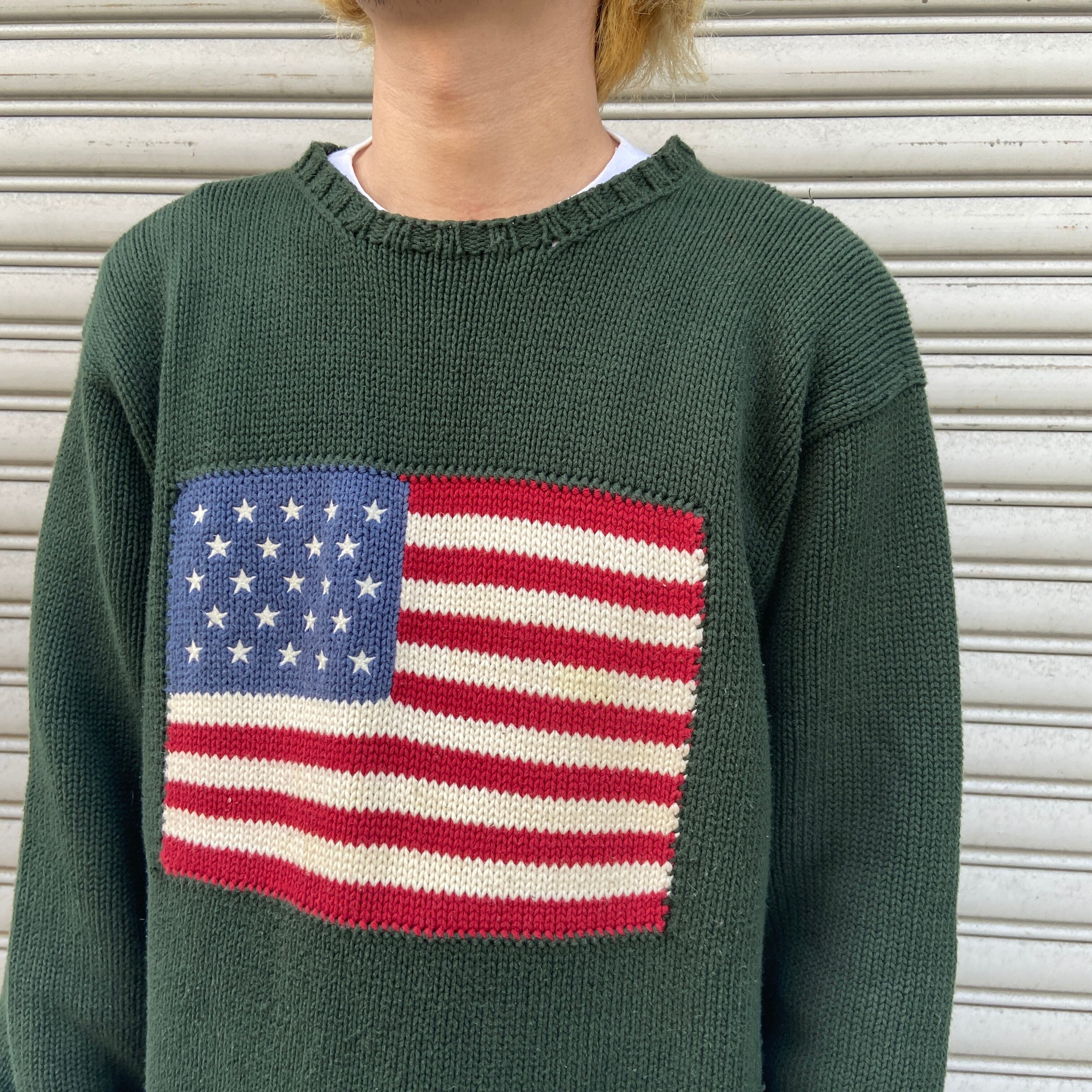 送料無料』Ralph Lauren ラルフローレン 星条旗柄セーター 90s 緑 L 