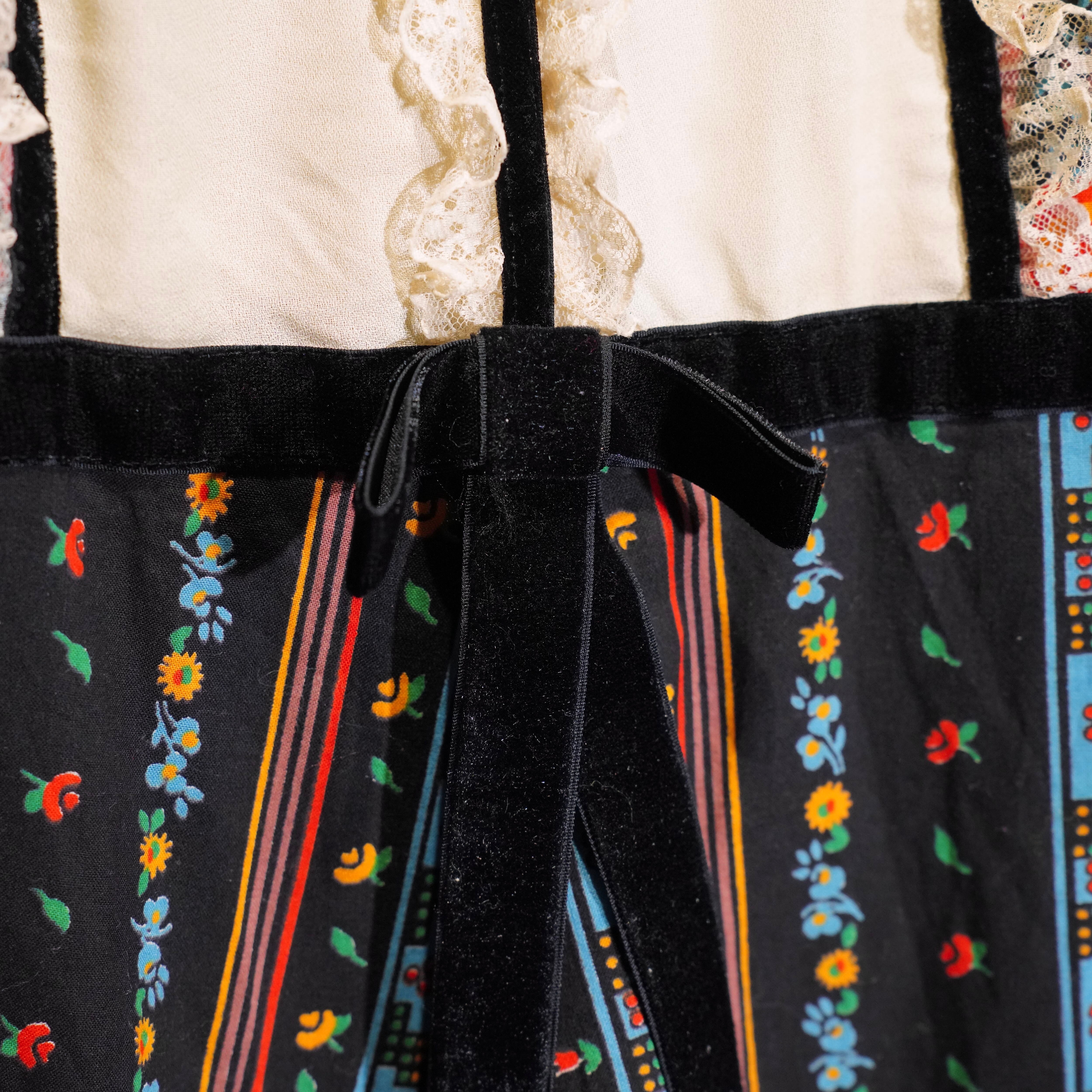 70's EU VINTAGE FLOWER PATTERNED LACE RIBBON DESIGN LONG ONE PIECE