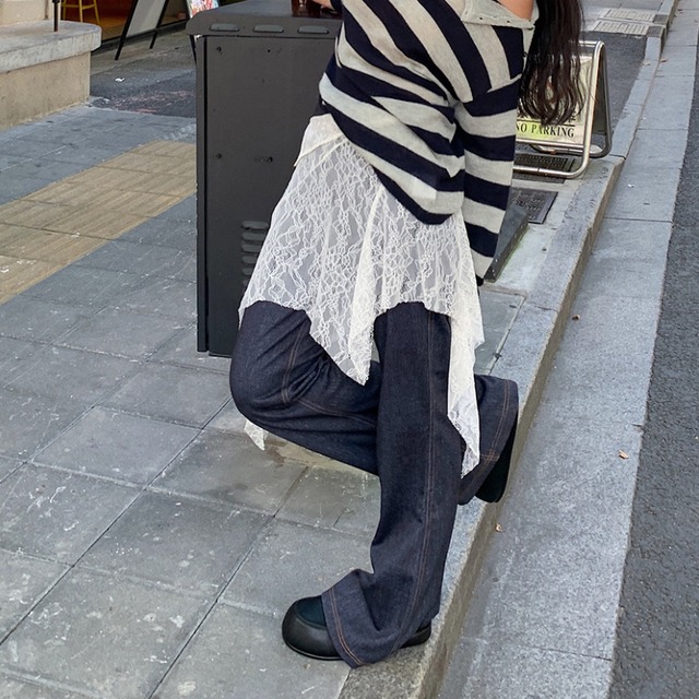 layered design lace flare denim pants J00162