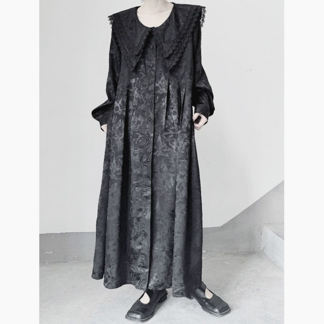Black lace collar long shirt dress C0879