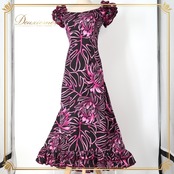 フラダンス 衣装 ワンピース ドレス ブラック系 CC Fashions ハワイ製 モンステラ柄 ハワイアンプリント アロハ フラ ダンス レッスン 練習 花柄 植物柄 フラワープリント フリル グラデーション 華やか 鮮やか かわいい おしゃれ 上品 大人っぽい ピンク系 パープル系 黒 ピンク 紫 フラダンス衣装 モンステラ レディース リゾート かわいいデザイン