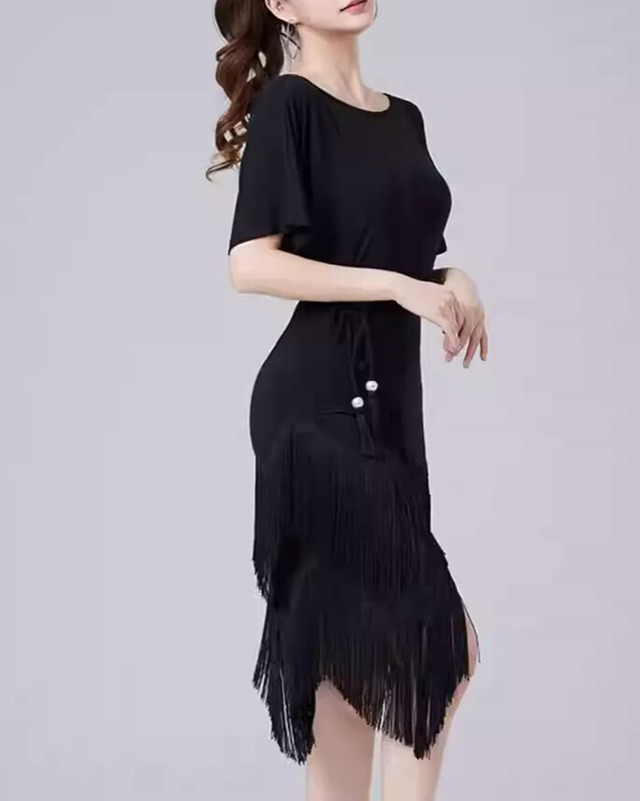 フリンジ ベルト ミモレ ダンスドレス  ds1451