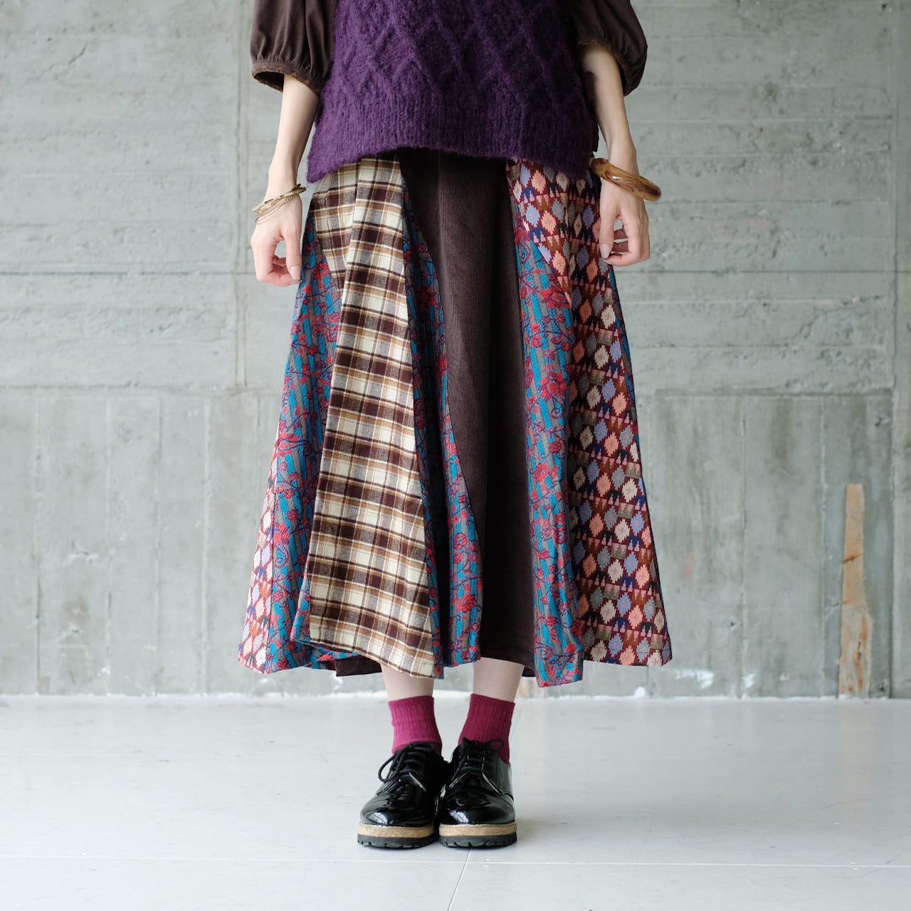 【新色】パッと華やか!ダカ織ミックス斜めパッチワークロングスカート (23w-12)レッドver2