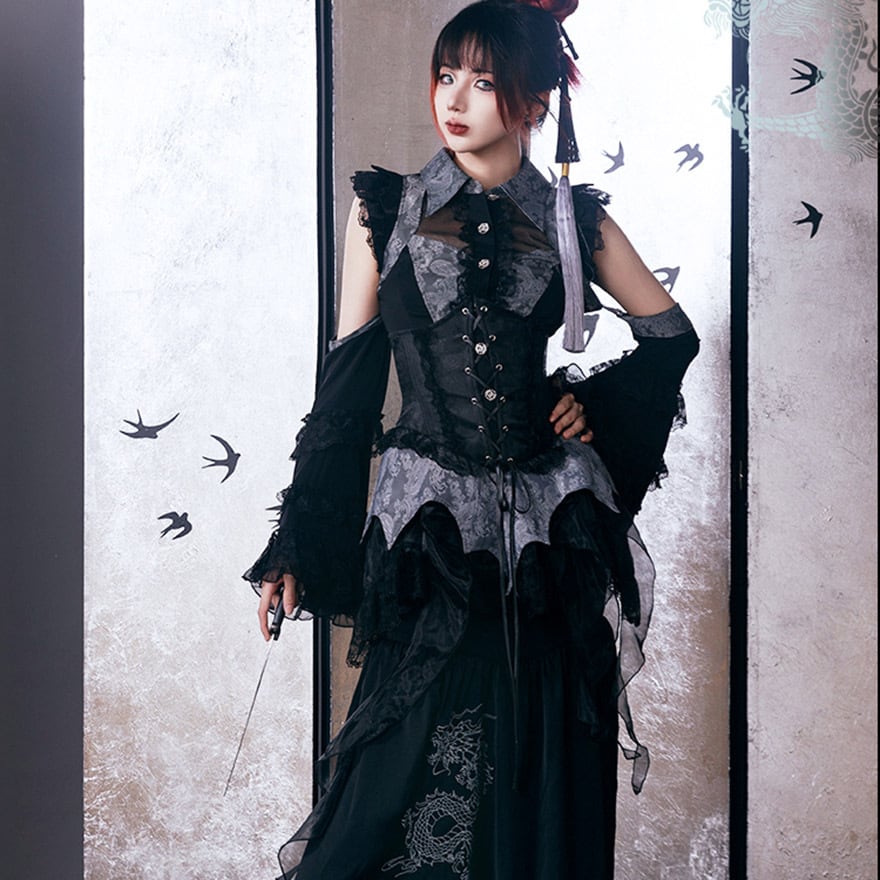 ゴスロリ チャイナドレス ドラゴン 刺繍 ロングスカート フィッシュ
