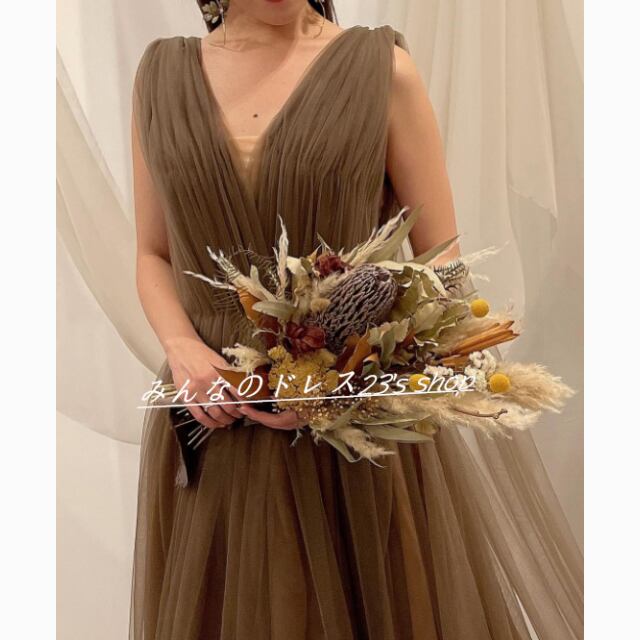 ブラウン Vネック チュールロングドレス ブラウン Vネック チュールロングドレス