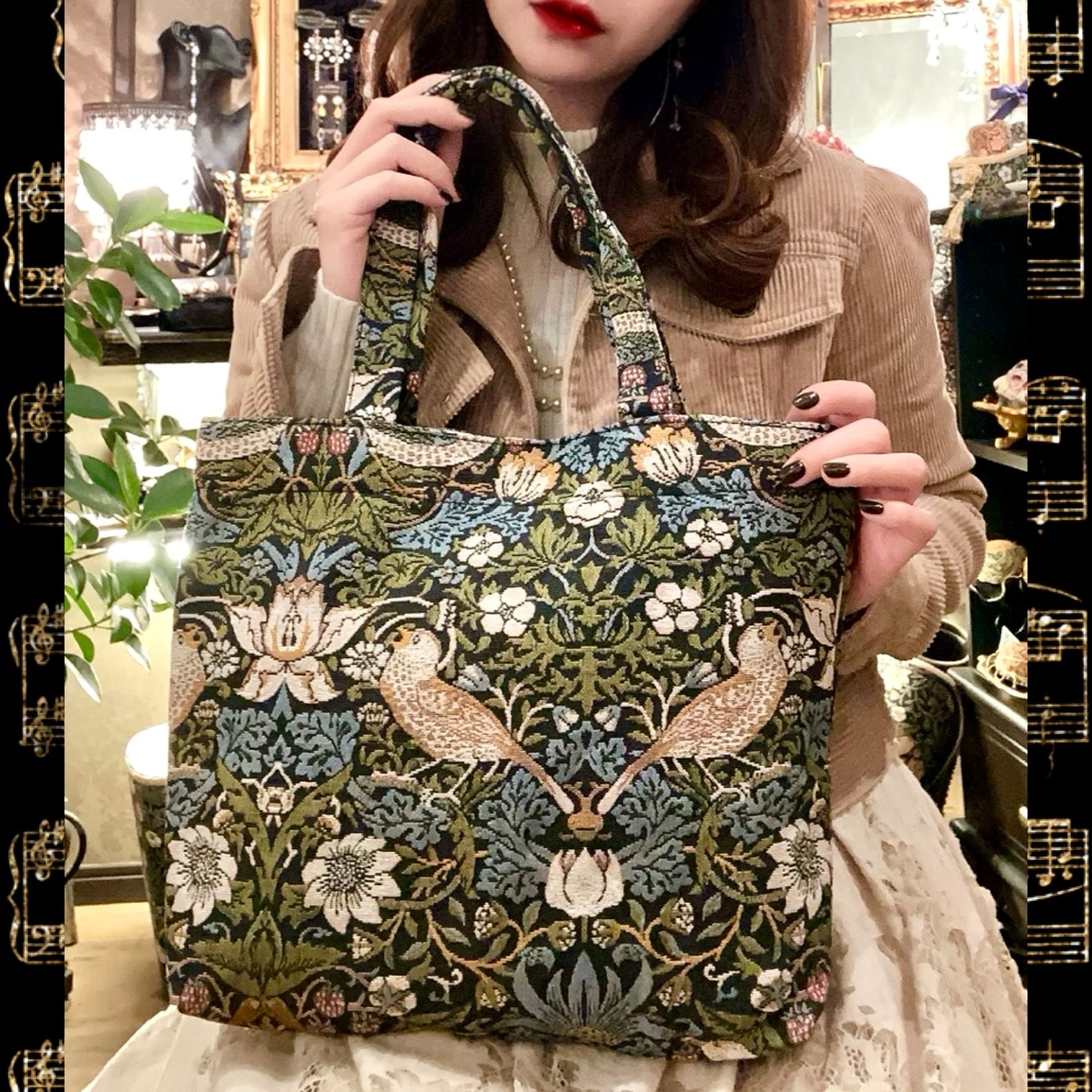 モリス イチゴ泥棒とバイオウオッシュ加工帆布のショルダーバッグ でっかい