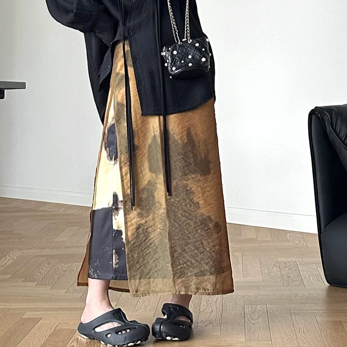 Layered print long skirt S101