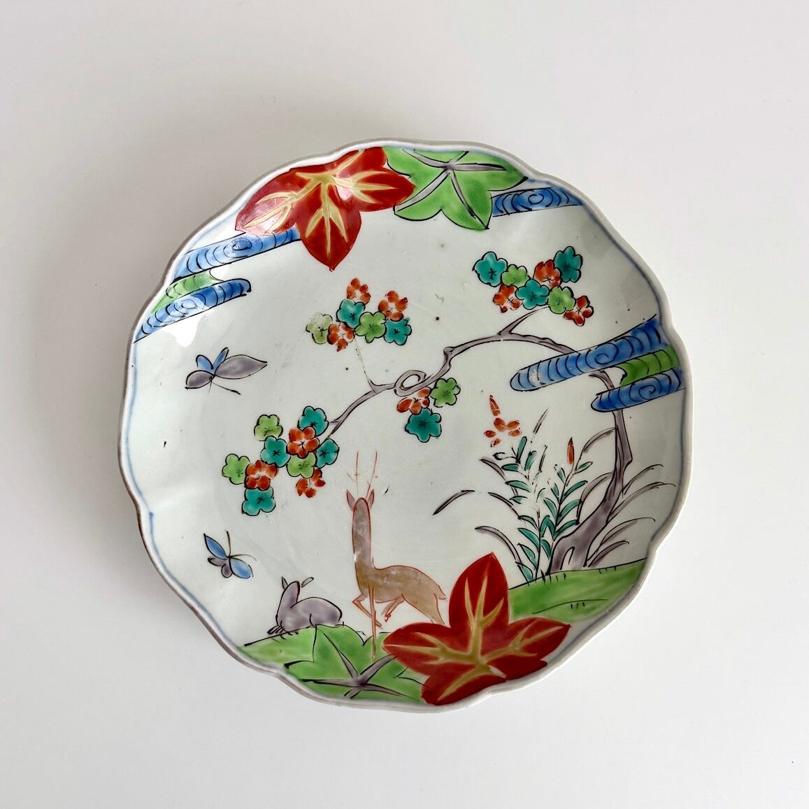 古伊万里 染付 花唐草 粟に鶉文 中皿 藍柿右衛門 江戸中期 渦福 二重角