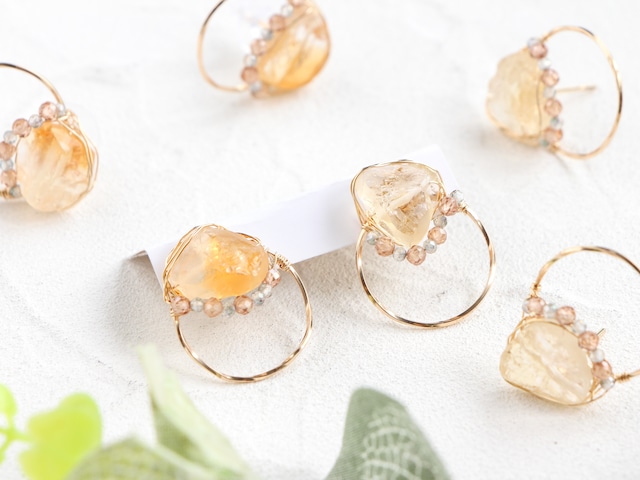 14kgf-citrine & natural brown zircon pierced earrings