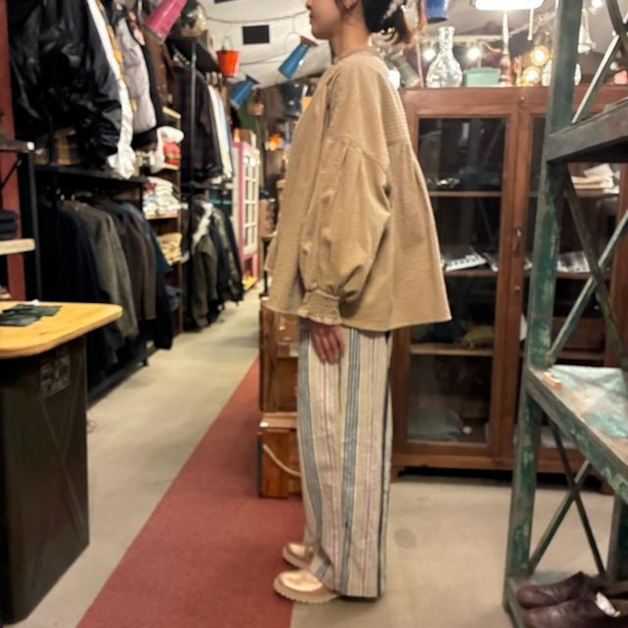 UNIVERSAL TISSU Parent-Child Corduroy Shirred Blouse, Beige/Brown, Long Sleeve Blouse, Balloon Sleeves, Oversized