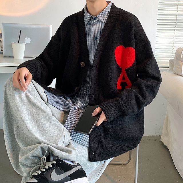 予約販売】カーディガン ニット メンズ アウター トランプ柄 ハート柄