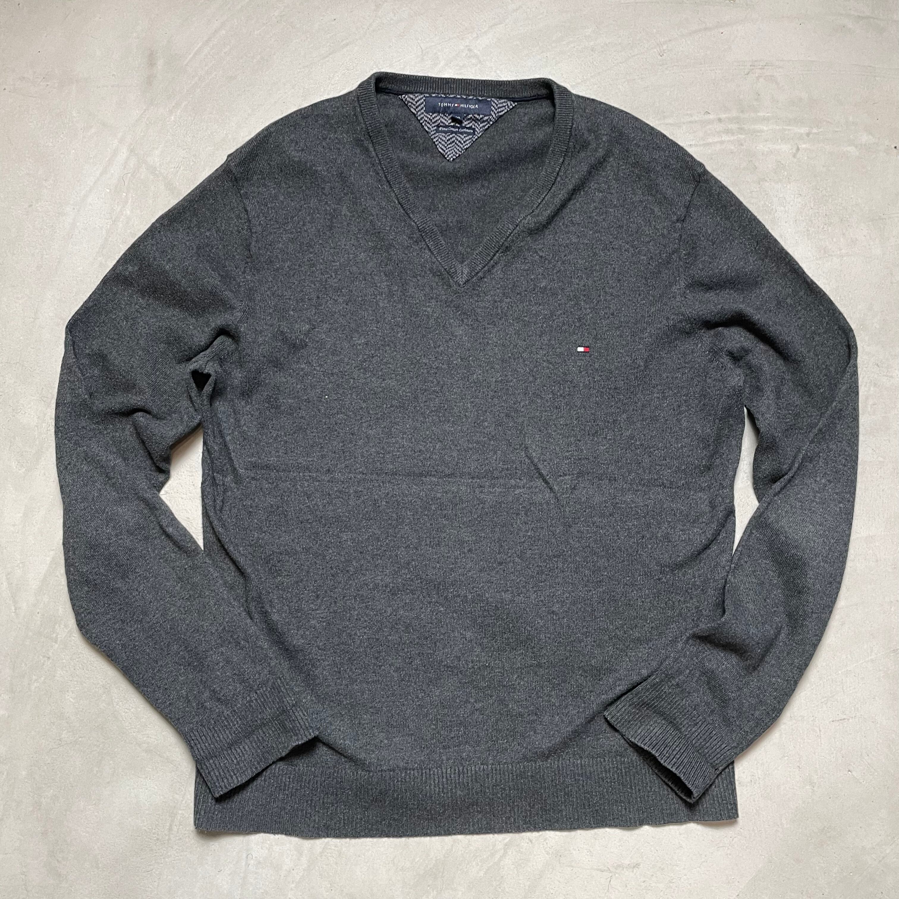 TOMMY HILFIGER トミーヒルフィガー Vネック コットンカシミアニットセーター レディースM相当 ワンポイントロゴ 刺繍 ネイビー 紺色【ニットセーター】