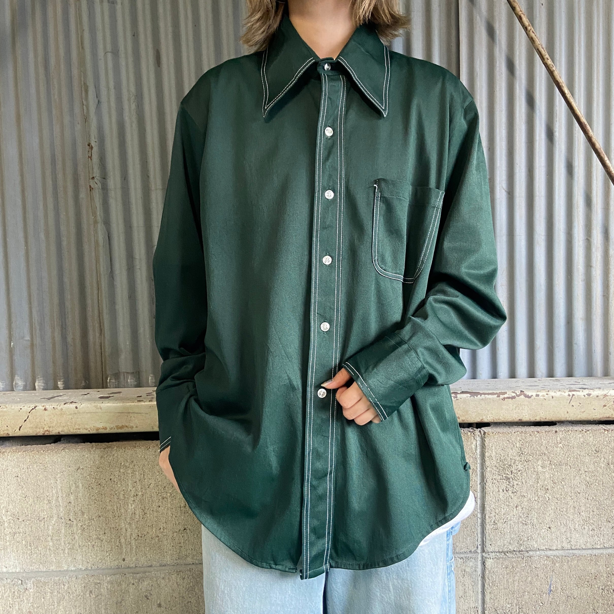 70年代 ヴィンテージ Contour Knit 無地 レトロ ポリシャツ メンズL 古着 ビンテージ 70S グリーン  緑【長袖シャツ】【3anniv】 | cave 古着屋【公式】古着通販サイト