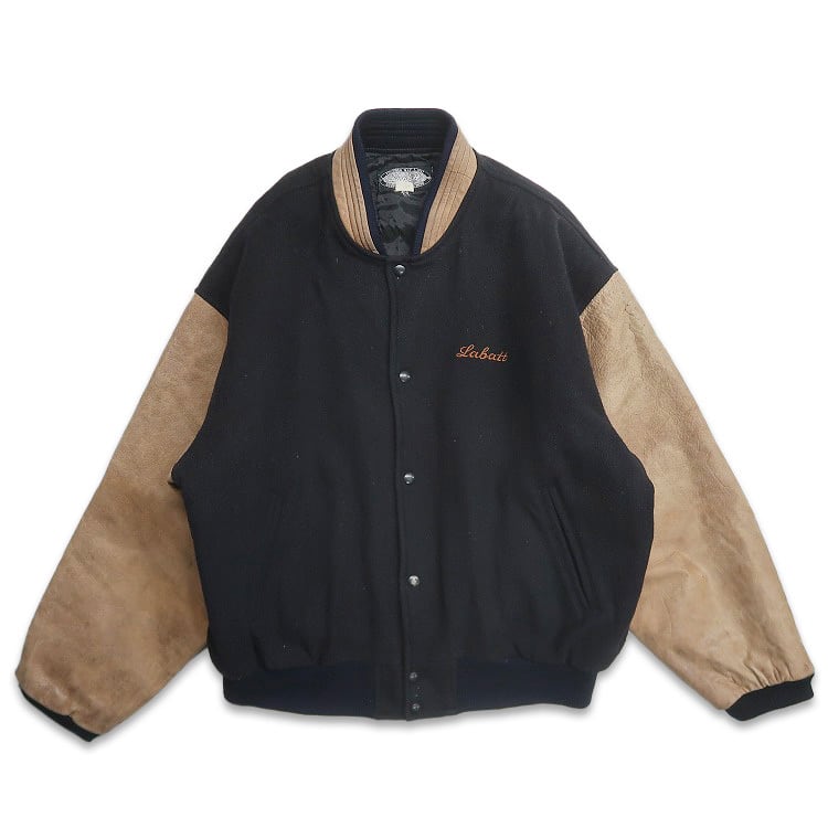 古着 Labatt カナダ ビール醸造会社 刺繍 ウール 袖レザー 切り替え