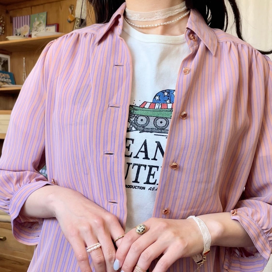 ストライプシャツブラウス くすみピンク