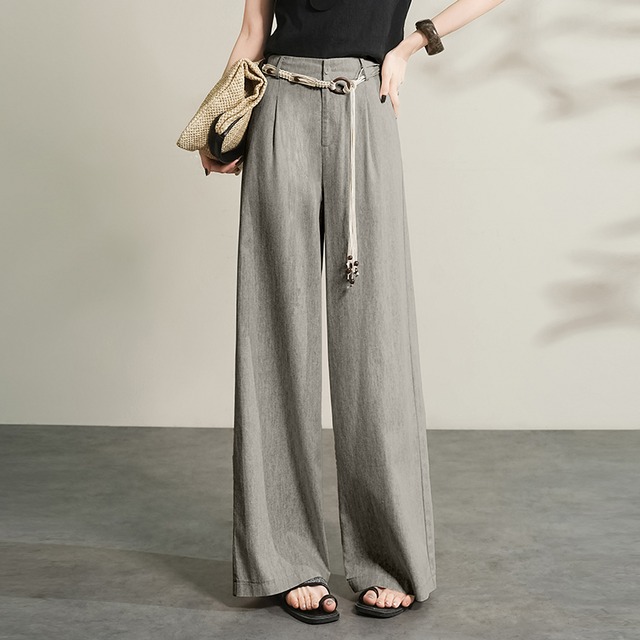 ハイウエストリネンワイドパンツウエストリボン付き　00010
