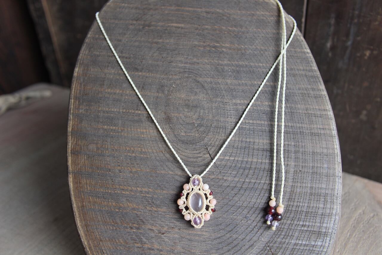 Rose quartz stone mandala micromacrame pendant