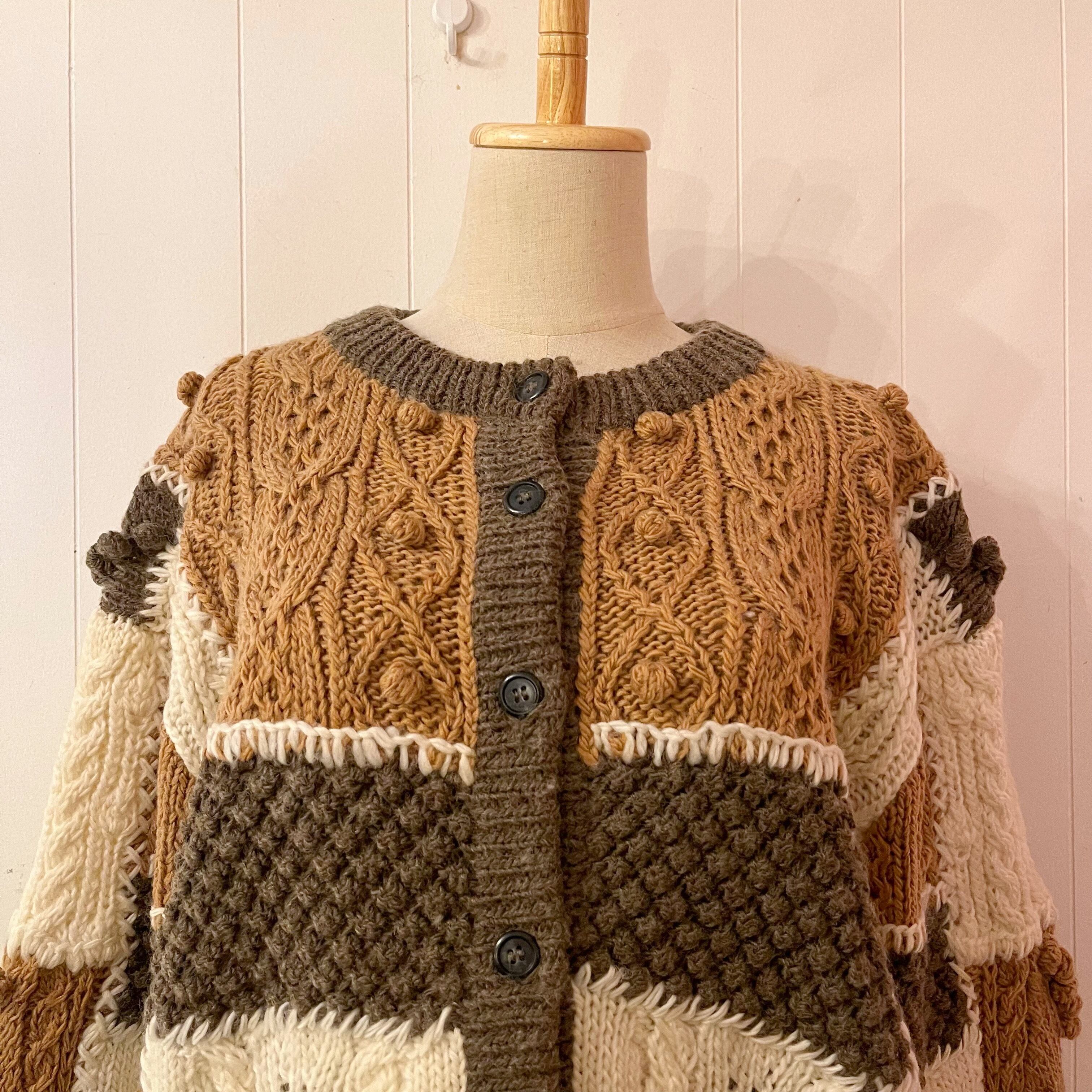 patchwork ponpon knit cardigan