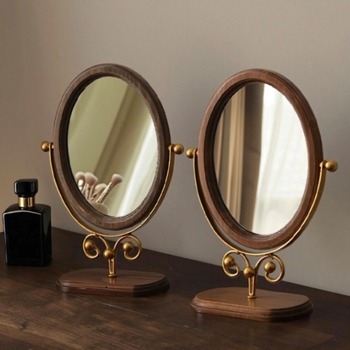 天然木 オーバル 卓上ミラー アイアンスタンド 角度調整 回転式 化粧鏡 バニティミラー 楕円 ウッドフレーム ナチュラル アンティーク調