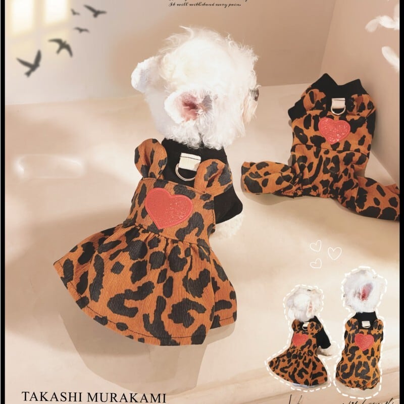 レディース　ルームウェア　ワンピース　犬用ペアルック　耳付きワンピース 犬の服 ヒョウ柄ペアルック カップルペット服 ワンピース&パンツつなぎ